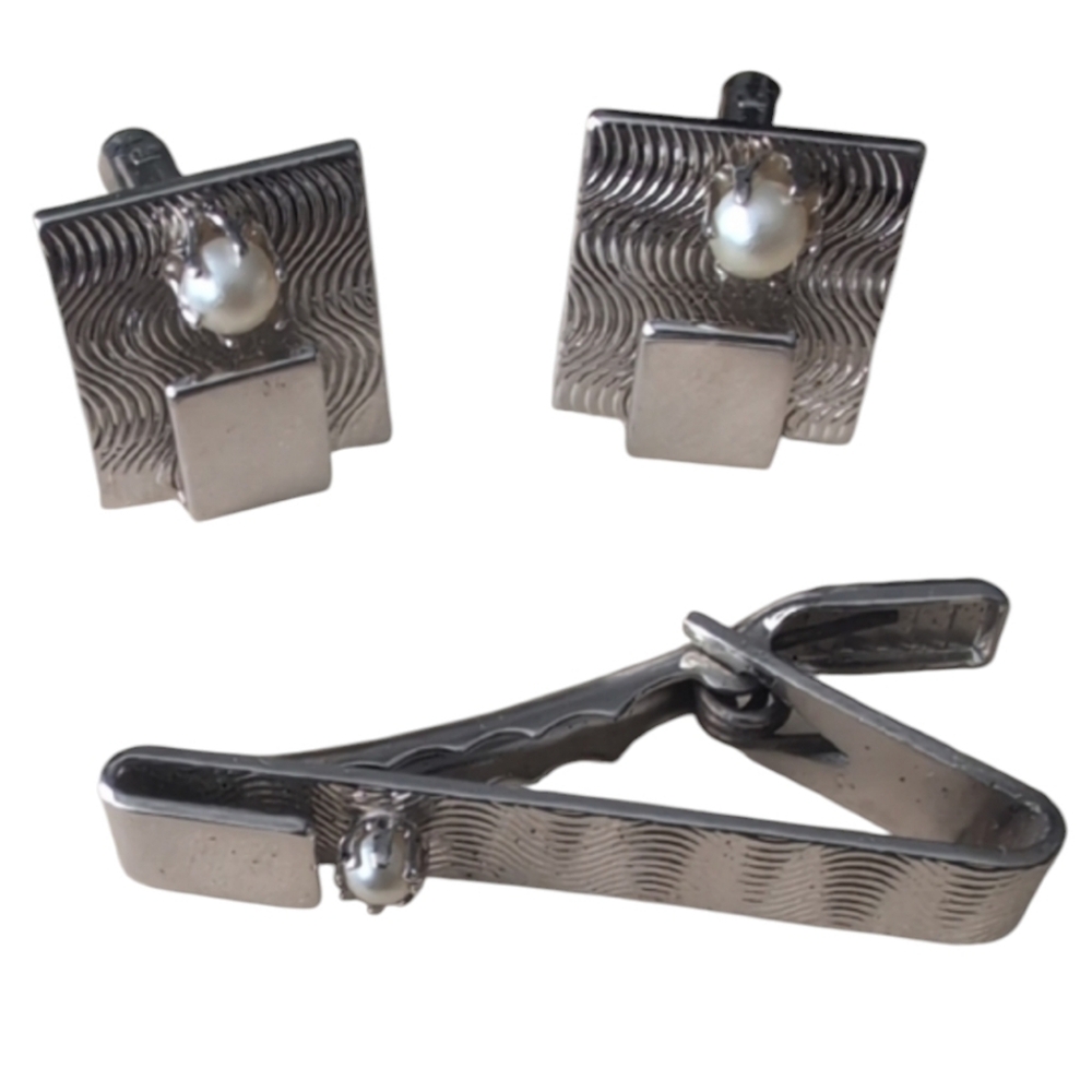 Vintage Silver Cufflinks and Tie Clip Set with Pearl Accent - MCM